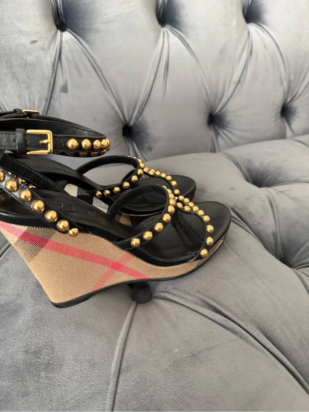 Worn Once! Burberry Black Strappy Studded Check Wedge Sandals